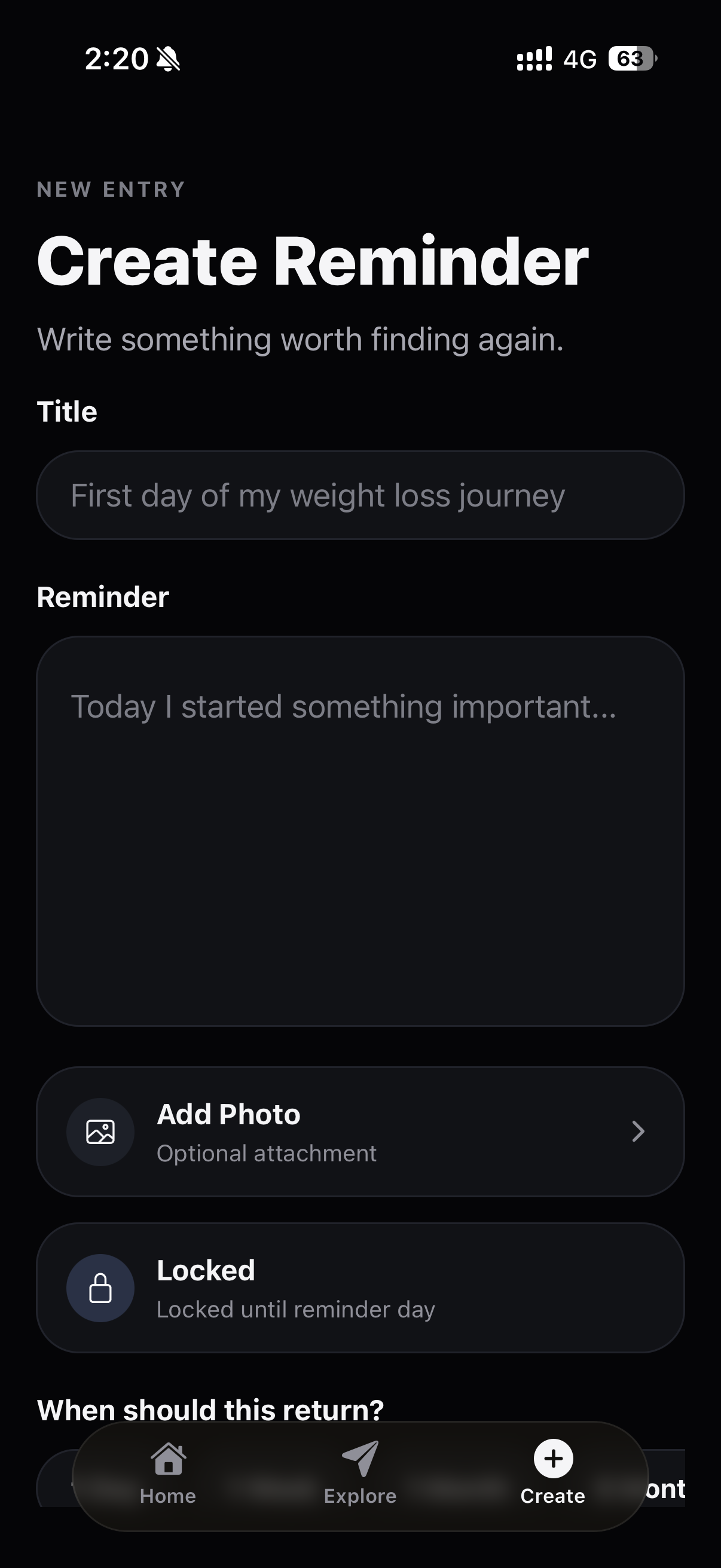 Remind Me Memories create reminder screen.