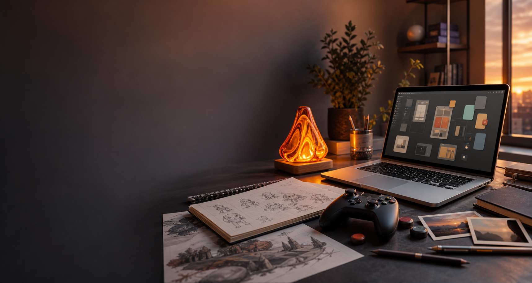 A dark creative studio desk with sketches, a laptop, a controller, photos, and an ember-like light.